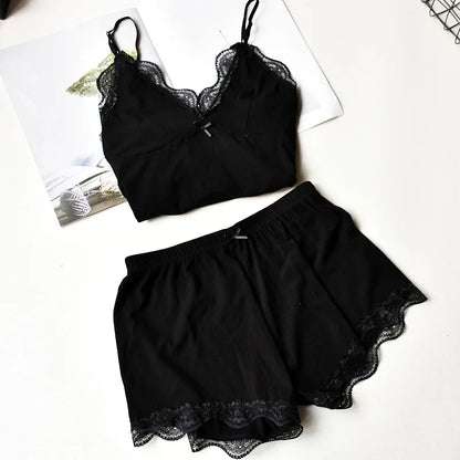 Two Piece Cotton Pajamas Set for Women Sexy Lace Top And Shorts Nightwear Spaghetti Strap Sleepwear High Elastic Womans Clothes