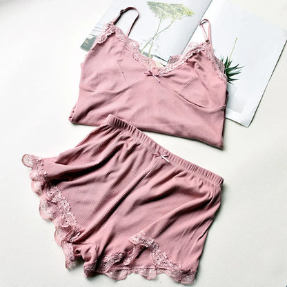 Two Piece Cotton Pajamas Set for Women Sexy Lace Top And Shorts Nightwear Spaghetti Strap Sleepwear High Elastic Womans Clothes