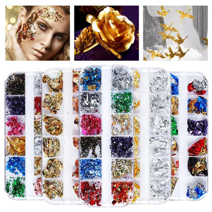 12 Grid Nail Sequins Paillette Aluminum Irregular Flakes Gold Pigment Nail Art Decoration Mirror Glitter Foils Paper