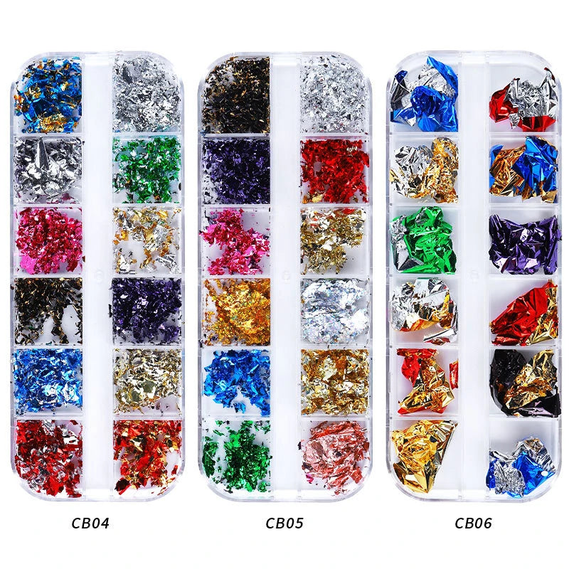 12 Grid Nail Sequins Paillette Aluminum Irregular Flakes Gold Pigment Nail Art Decoration Mirror Glitter Foils Paper