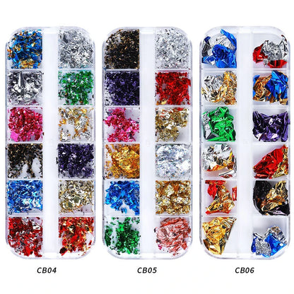 12 Grid Nail Sequins Paillette Aluminum Irregular Flakes Gold Pigment Nail Art Decoration Mirror Glitter Foils Paper