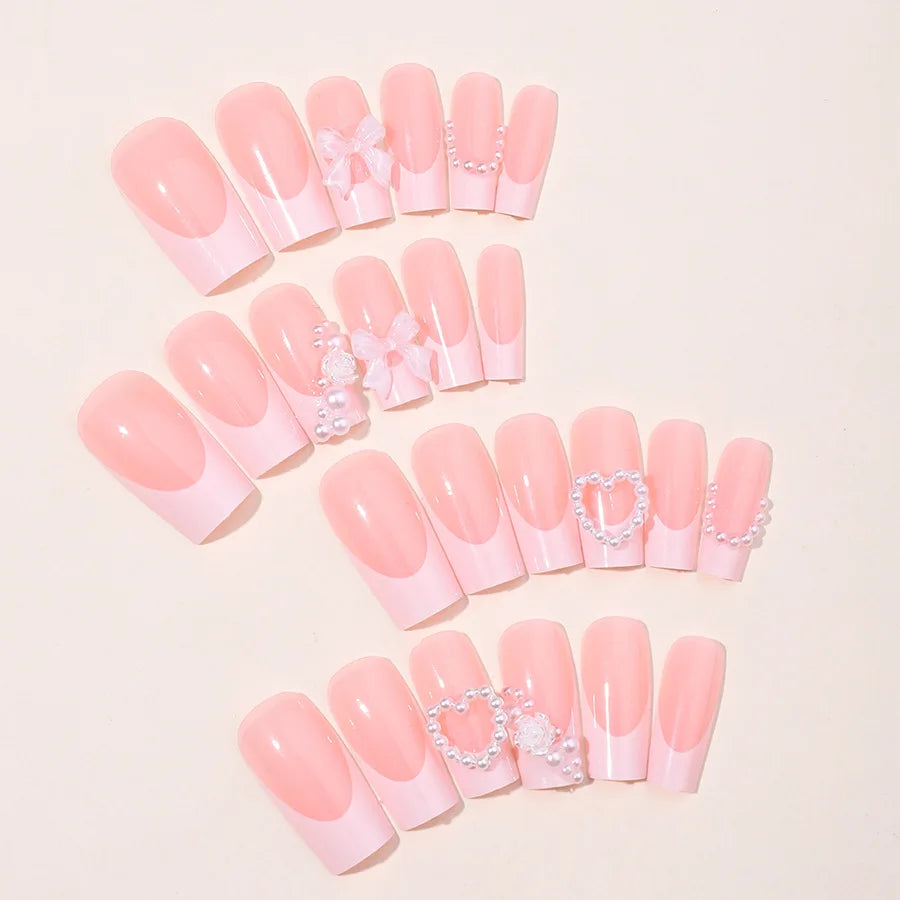 French Nude Pink Tip Ballet Y2k nails Press On Coffin Nails Wearable Love Pearl Fake Nails Charming Reusable Adhesive False Nail