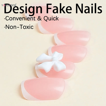 White French Press on Nails 3D Bowknot Fake Nails Tips Full Cover Wearable False Nails for Women and Girls DIY Manicure 24Pcs