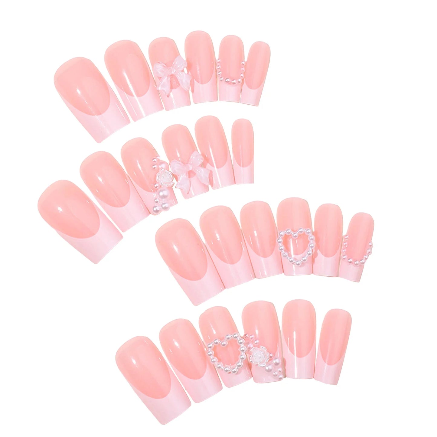 French Nude Pink Tip Ballet Y2k nails Press On Coffin Nails Wearable Love Pearl Fake Nails Charming Reusable Adhesive False Nail