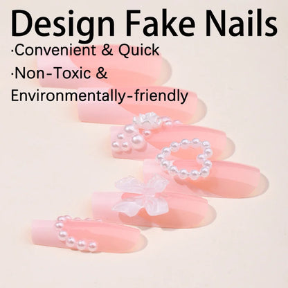 French Nude Pink Tip Ballet Y2k nails Press On Coffin Nails Wearable Love Pearl Fake Nails Charming Reusable Adhesive False Nail