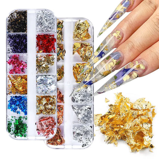 12 Grid Nail Sequins Paillette Aluminum Irregular Flakes Gold Pigment Nail Art Decoration Mirror Glitter Foils Paper