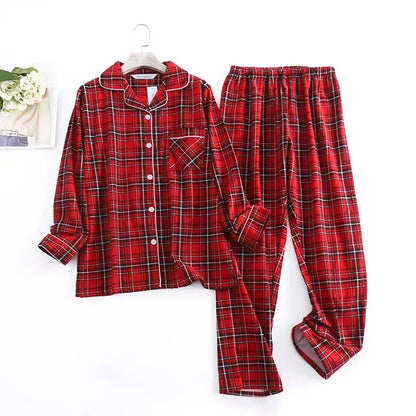 Cotton Flannel Women's Long Pants Pajamas Sets for Sleepwear Plaid Design Loose Autumn and Winter Long Sleeve Trouser Suits