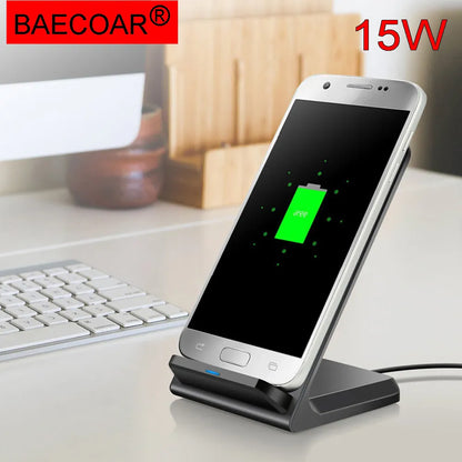 BAECOAR 15W QI Charger Desktop Wireless Charger Dual Coil Wireless Charging Phone Holder Stand LED Indicator CellPhone Chargers